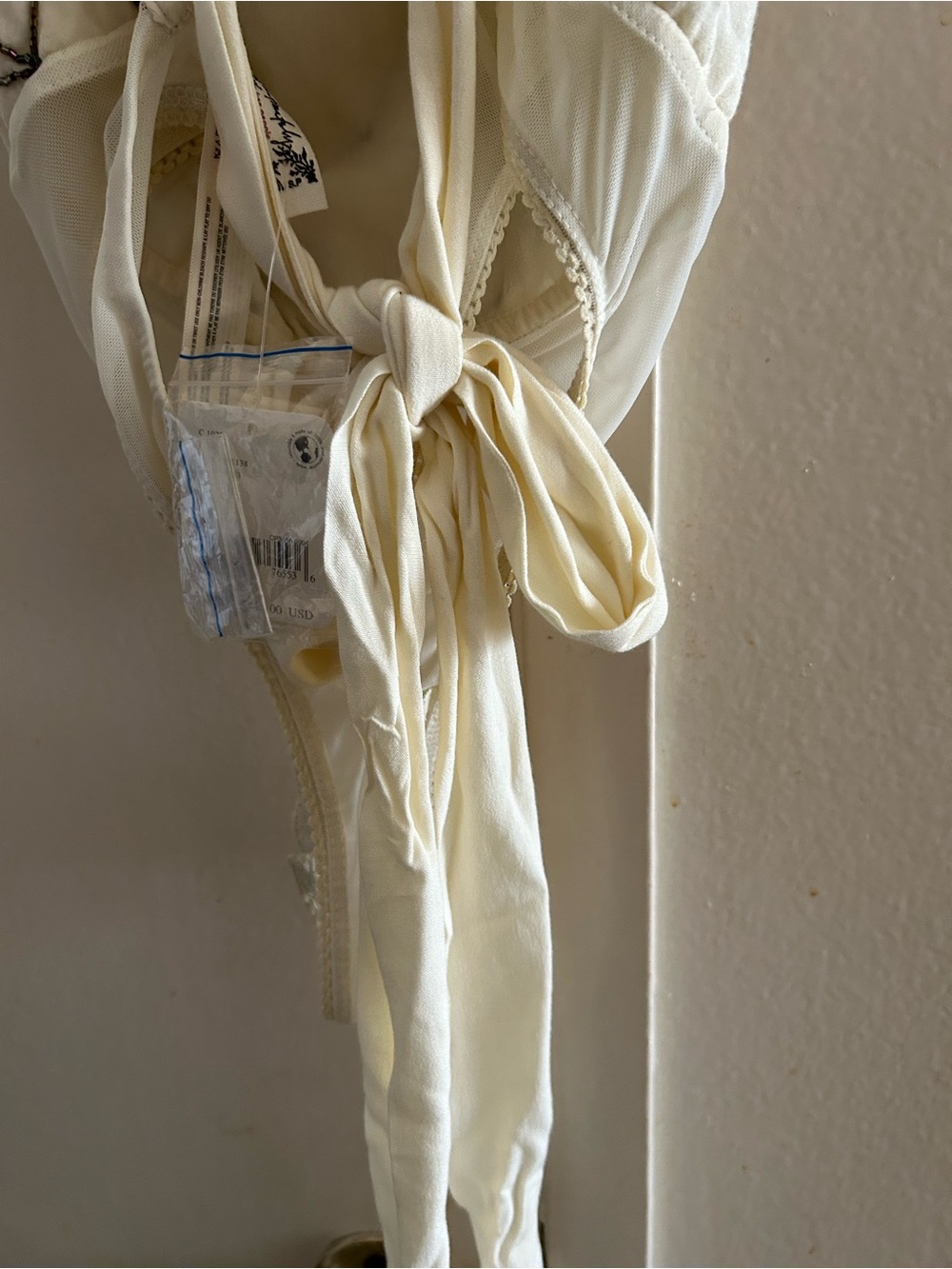 Free People Cream Draped Bodysuit with Black Geometric Stitching - Picture 9 of 10